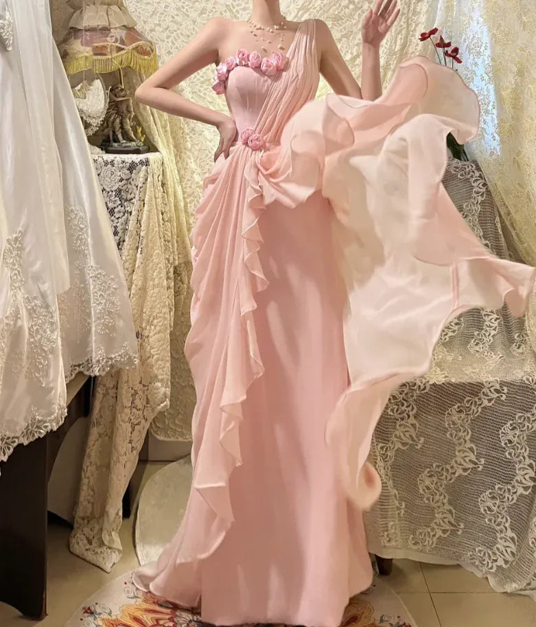 Romantic One Shoulder Floral Pleated Ruffle Chiffon Blush Prom Dress For Sale