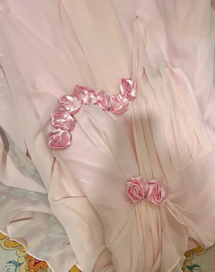 Romantic One Shoulder Floral Pleated Ruffle Chiffon Blush Prom Dress For Sale