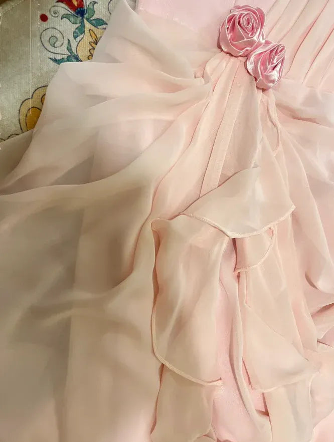 Romantic One Shoulder Floral Pleated Ruffle Chiffon Blush Prom Dress For Sale
