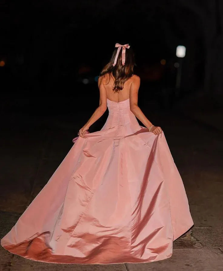 Romantic Satin Ballgown Evening Dress Blush Sweetheart Sleeveless for Women