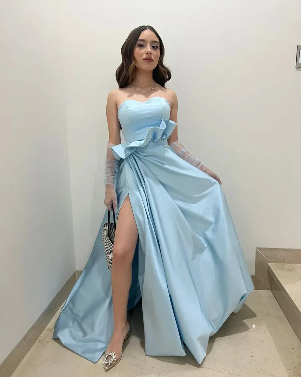 Romantic Satin Ballgown Evening Dress Light Blue Strapless Ruffle for Women