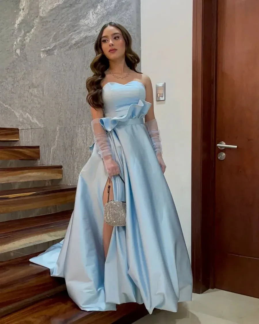 Romantic Satin Ballgown Evening Dress Light Blue Strapless Ruffle for Women