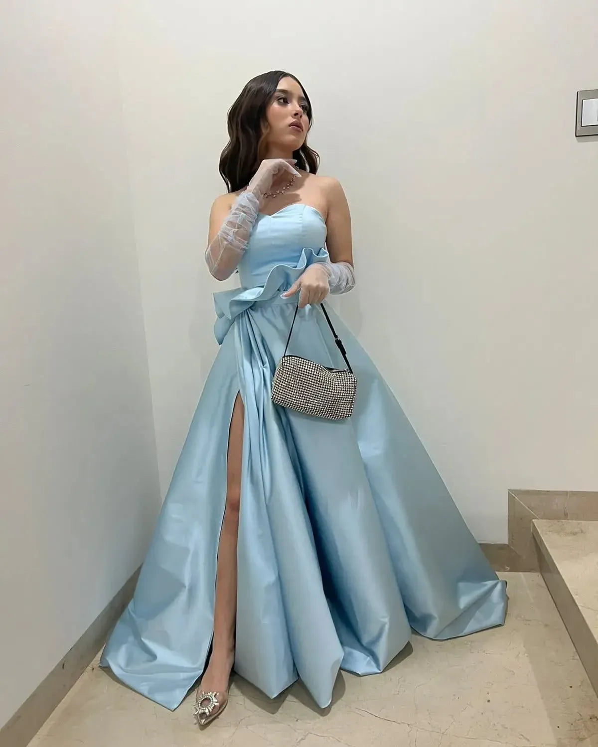 Romantic Satin Ballgown Evening Dress Light Blue Strapless Ruffle for Women