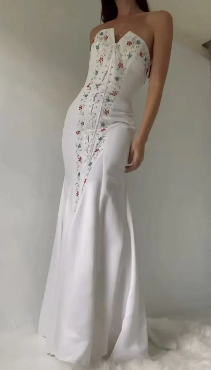 Romantic Satin Long Evening Dress White Strapless Floral-Beaded for Women