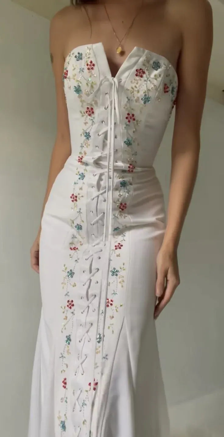 Romantic Satin Long Evening Dress White Strapless Floral-Beaded for Women