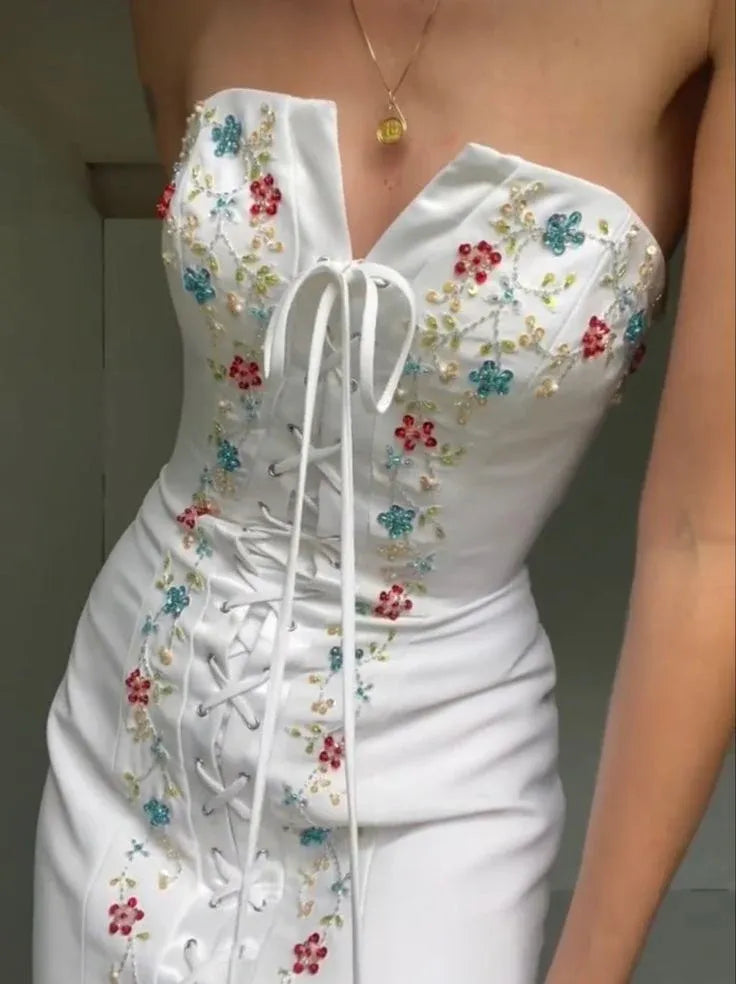 Romantic Satin Long Evening Dress White Strapless Floral-Beaded for Women