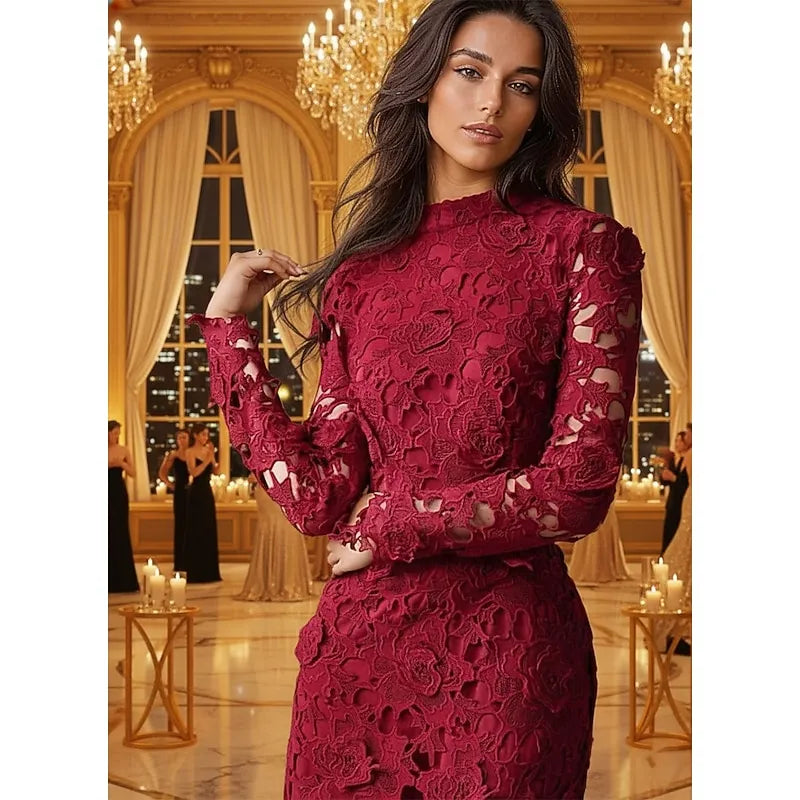 Romantic Sheath High Neck Floral Lace Burgundy Ankle Length Prom Dress