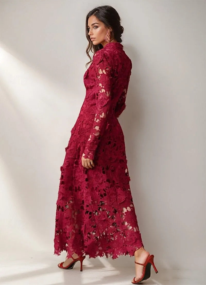 Romantic Sheath High Neck Floral Lace Burgundy Ankle Length Prom Dress