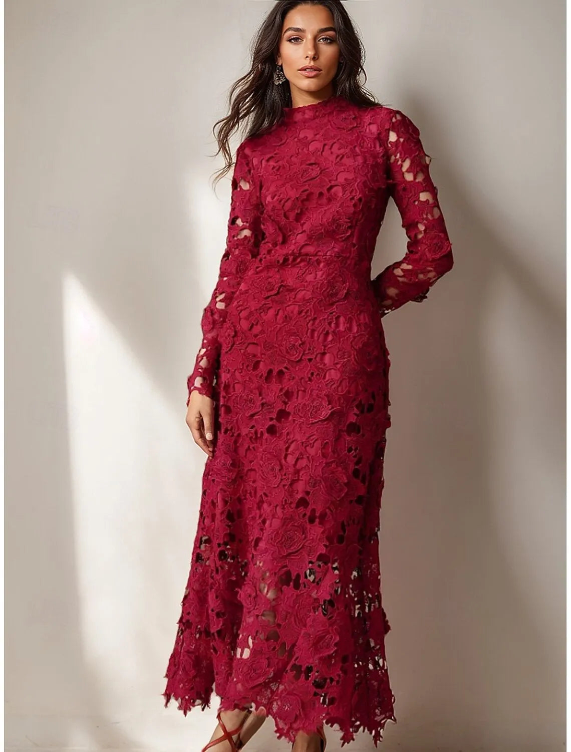 Romantic Sheath High Neck Floral Lace Burgundy Ankle Length Prom Dress