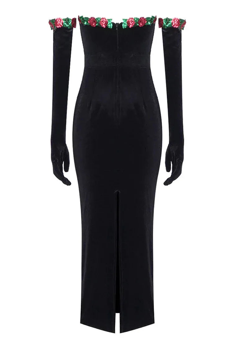 Romantic Sheath Off-Shoulder Floral-Embellished Velvet Black Midi Evening Dress for Women