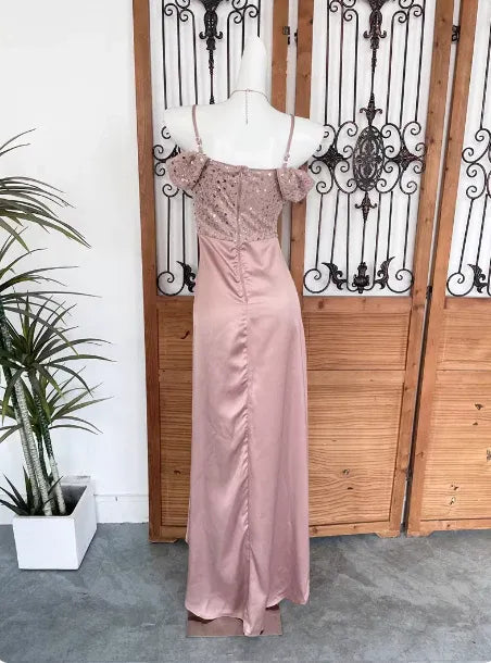 Romantic Sheath Off-the-shoulder Short-sleeved Sequin Dusty Rose Midi Prom Dress for Women Custom