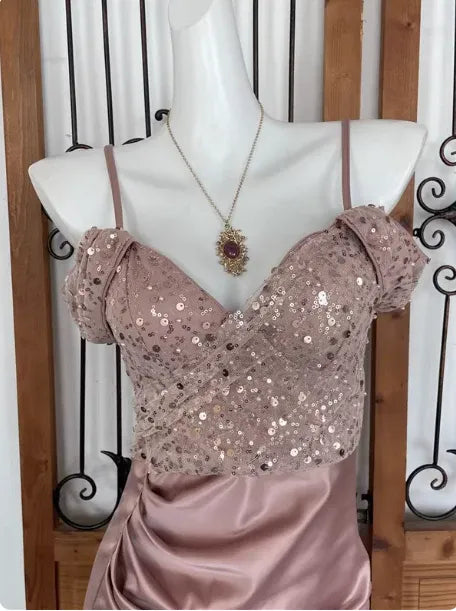 Romantic Sheath Off-the-shoulder Short-sleeved Sequin Dusty Rose Midi Prom Dress for Women Custom