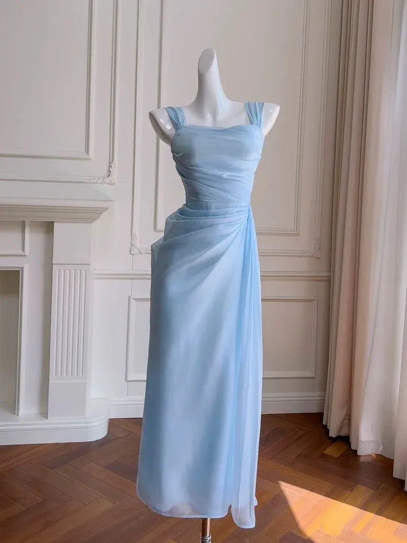 Romantic Sheath Square Neck Sleeveless Ruched Sky Blue Midi Prom Dress for Women Ready to Ship