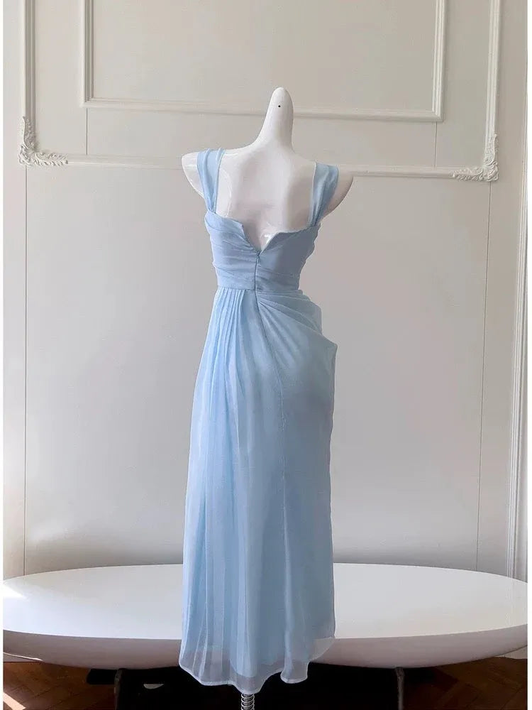 Romantic Sheath Square Neck Sleeveless Ruched Sky Blue Midi Prom Dress for Women Ready to Ship
