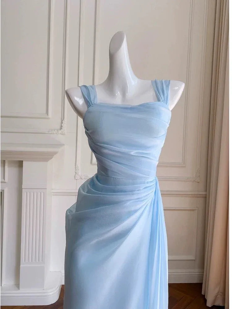 Romantic Sheath Square Neck Sleeveless Ruched Sky Blue Midi Prom Dress for Women Ready to Ship