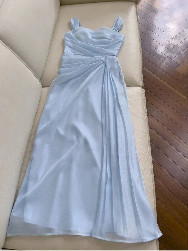 Romantic Sheath Square Neck Sleeveless Ruched Sky Blue Midi Prom Dress for Women Ready to Ship