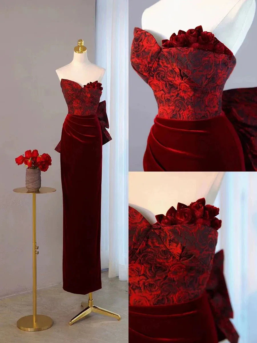 Romantic Sheath Strapless 3D-Rose Velvet Burgundy Floor-Length Prom Dress for Women