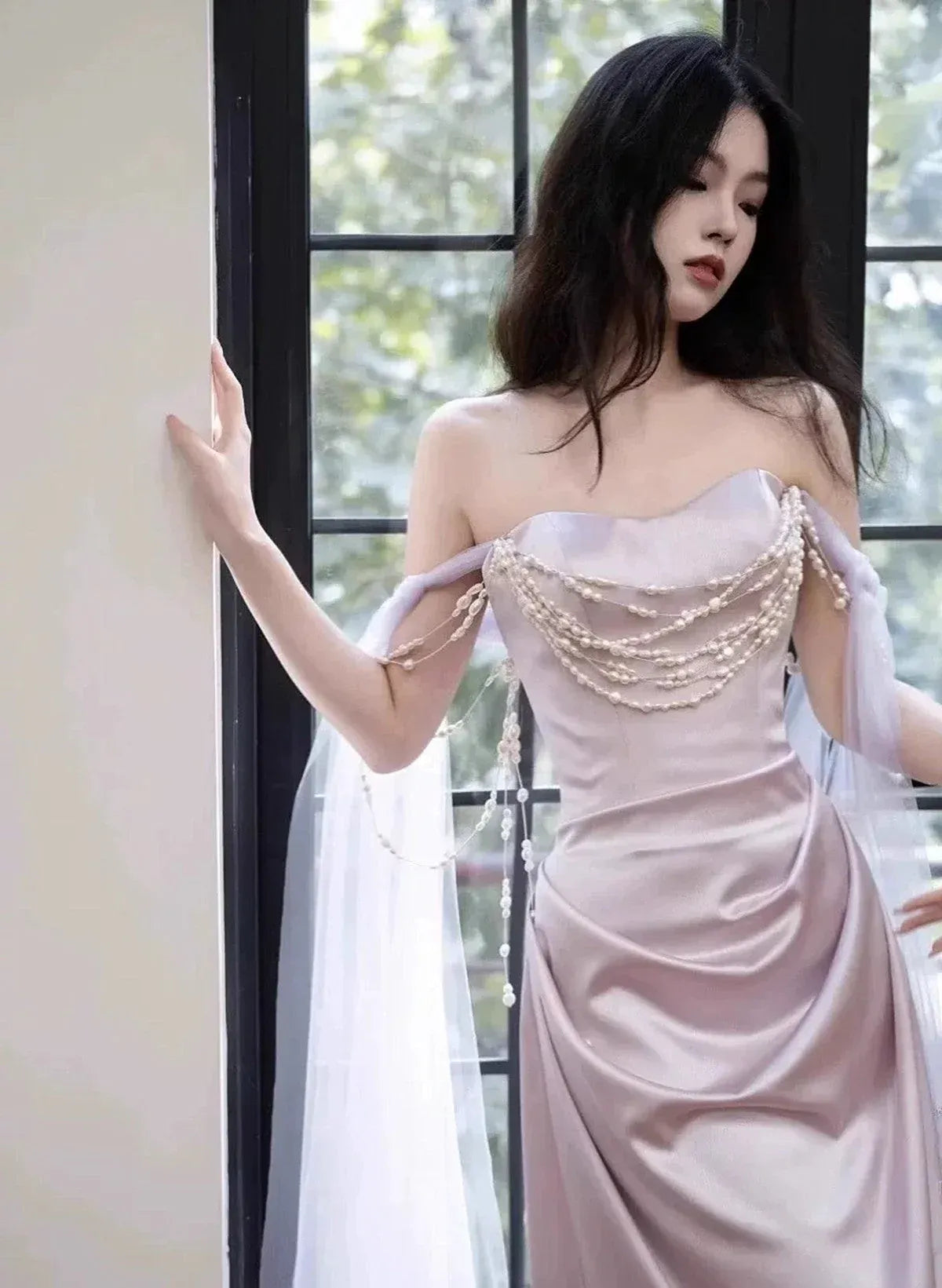 Romantic Sheath Strapless Sleeveless Pearl Dusty Pink Maxi Prom Dress for Women Ready to Ship