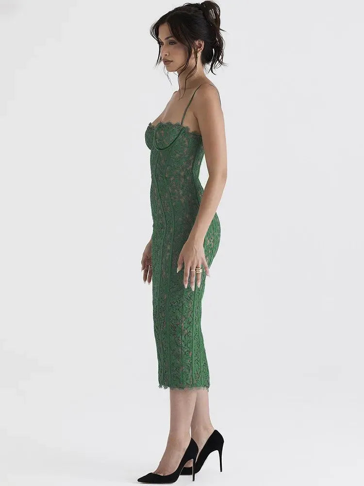 Romantic Sheath Sweetheart-Neck Sleeveless Lace Emerald Midi Evening Dress for Women