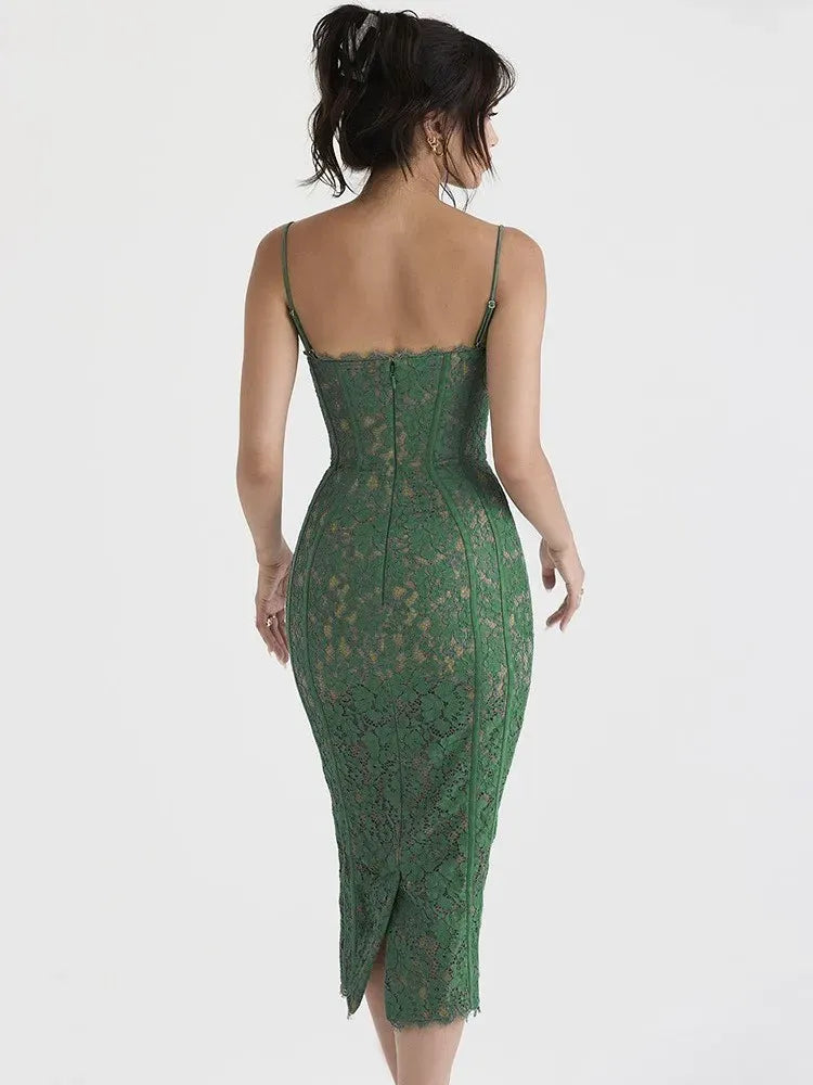 Romantic Sheath Sweetheart-Neck Sleeveless Lace Emerald Midi Evening Dress for Women