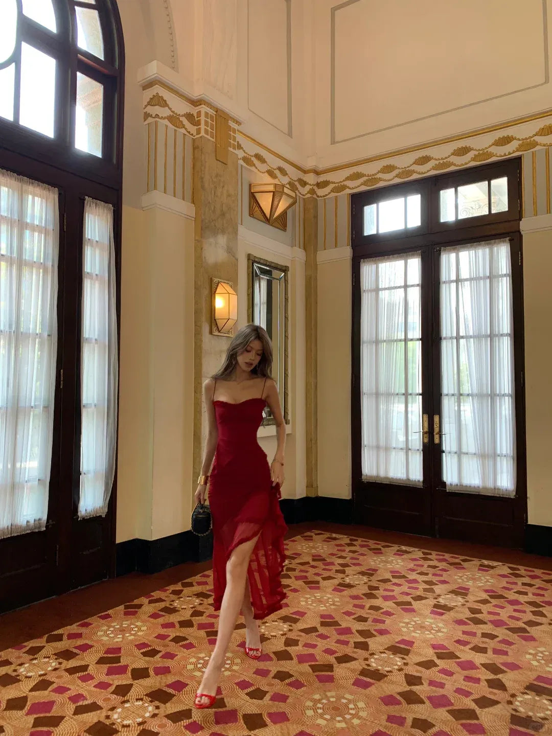 Romantic Sheath Sweetheart Neck Sleeveless Ruffled Red Midi Prom Dress for Women Ready to Ship