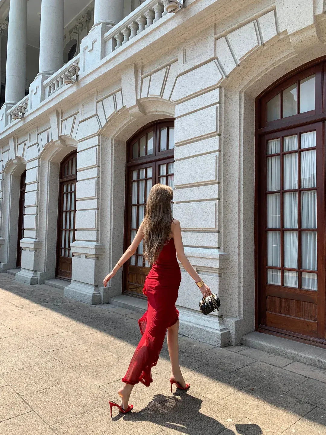 Romantic Sheath Sweetheart Neck Sleeveless Ruffled Red Midi Prom Dress for Women Ready to Ship