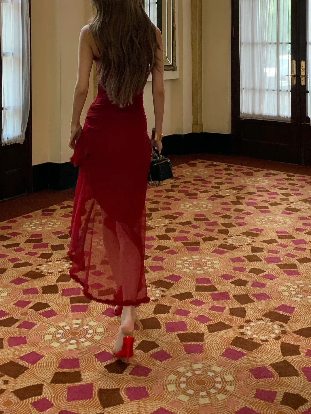 Romantic Sheath Sweetheart Neck Sleeveless Ruffled Red Midi Prom Dress for Women Ready to Ship