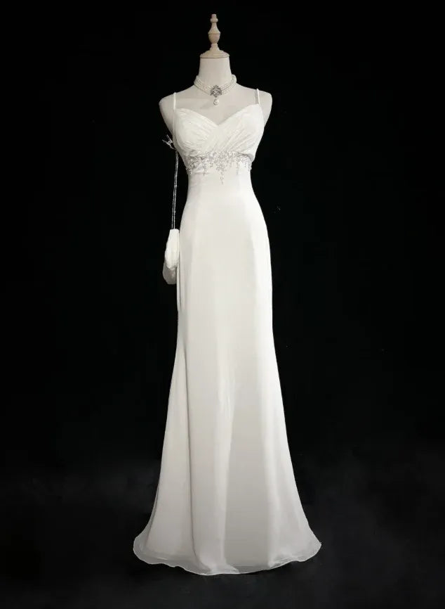 Romantic Sheath Sweetheart Sleeveless Beaded White Maxi Prom Dress For Women Ready To Ship