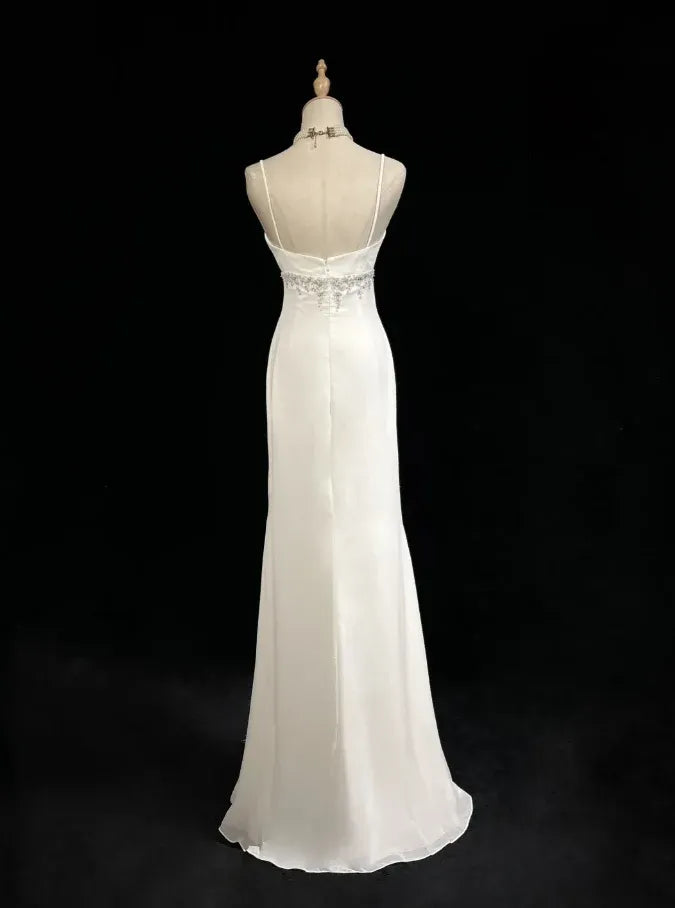 Romantic Sheath Sweetheart Sleeveless Beaded White Maxi Prom Dress For Women Ready To Ship
