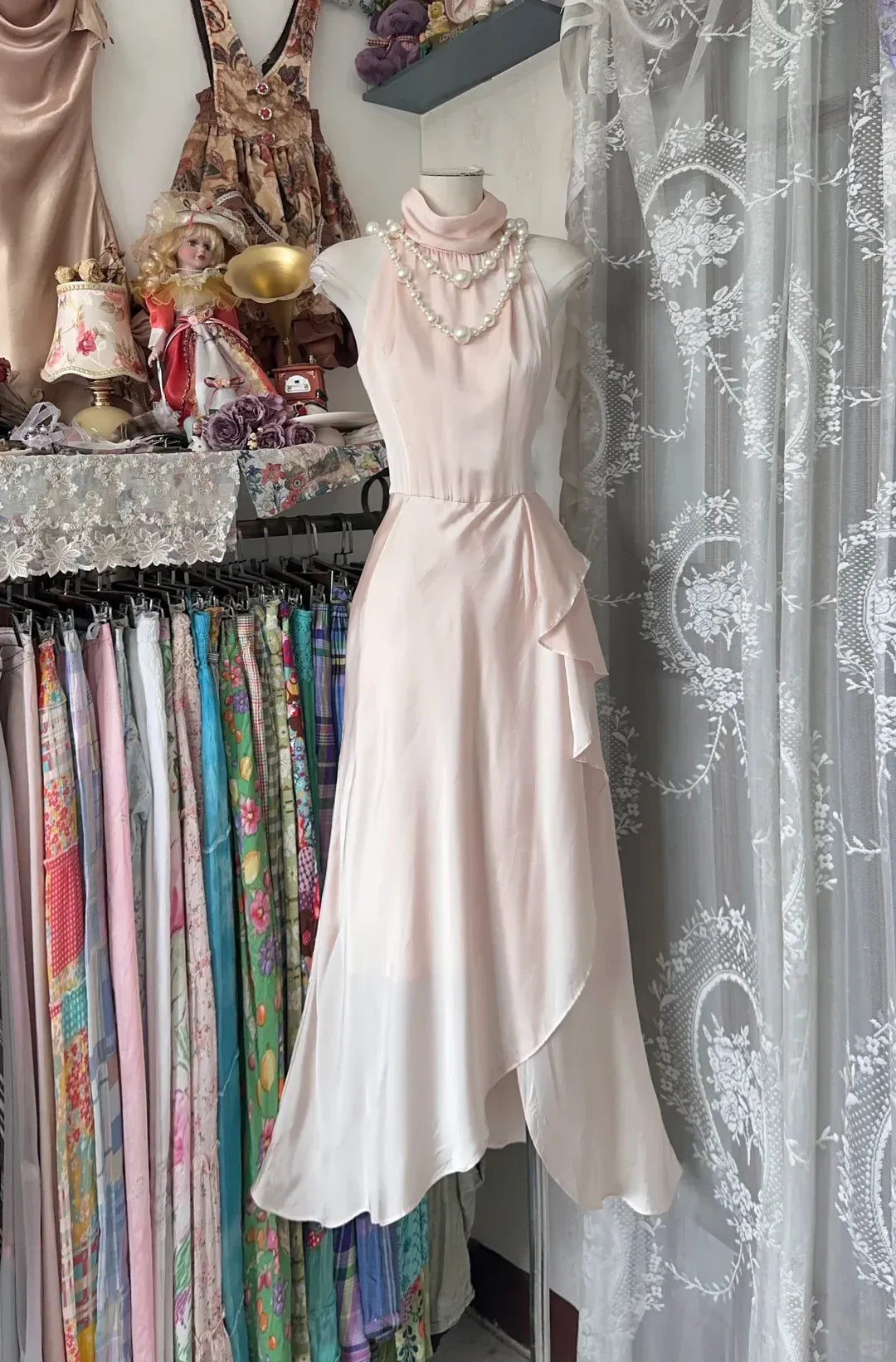 Romantic Sheath Turtleneck Sleeveless Pearl-Accent Blush Asymmetrical Prom Dress for Women For Sale