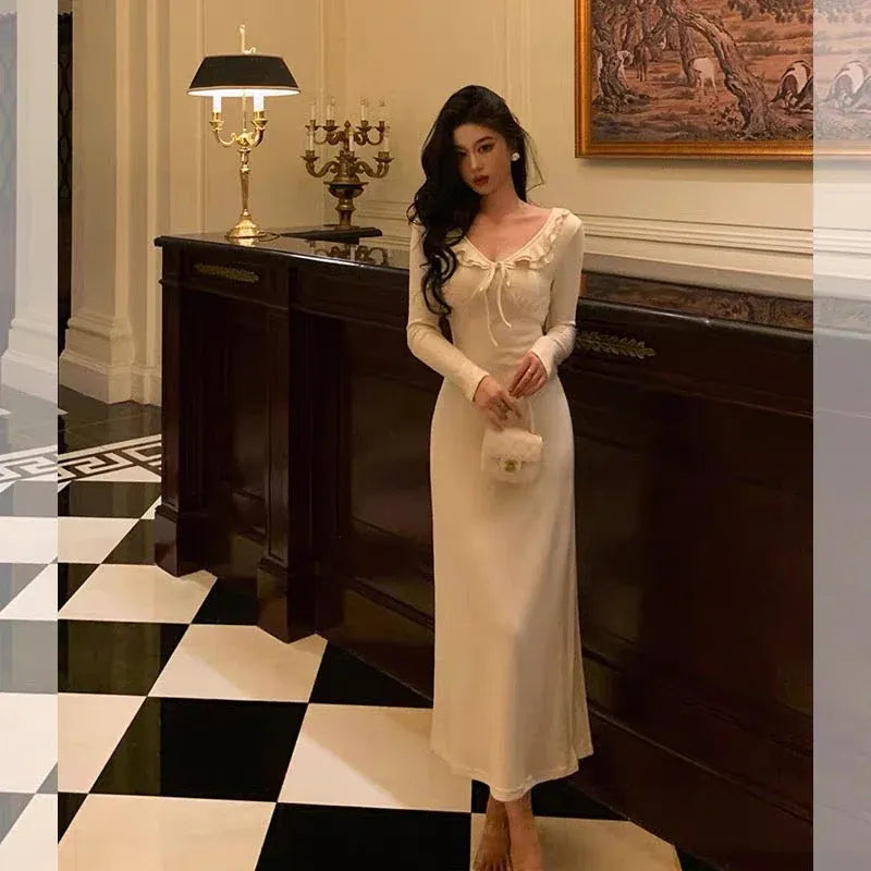 Romantic Sheath V-Neck Long-Sleeve Ruffled Ivory Maxi Prom Dress for Women Custom
