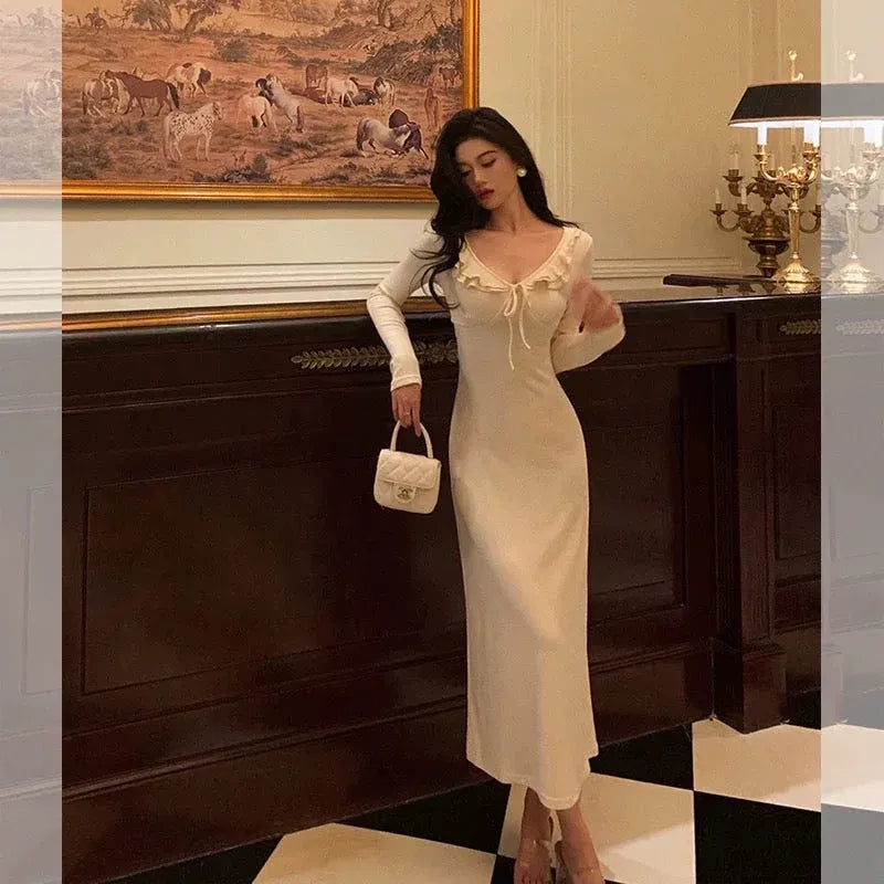 Romantic Sheath V-Neck Long-Sleeve Ruffled Ivory Maxi Prom Dress for Women Custom