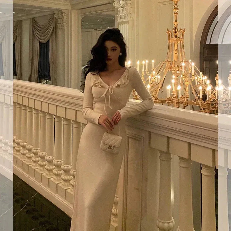 Romantic Sheath V-Neck Long-Sleeve Ruffled Ivory Maxi Prom Dress for Women Custom