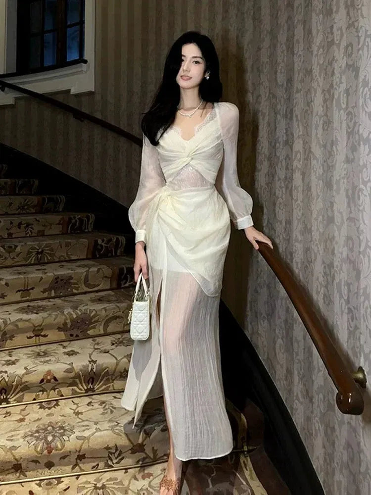 Romantic Sheath V-Neck Long-Sleeve Sheer Chiffon White Maxi Prom Dress for Women
