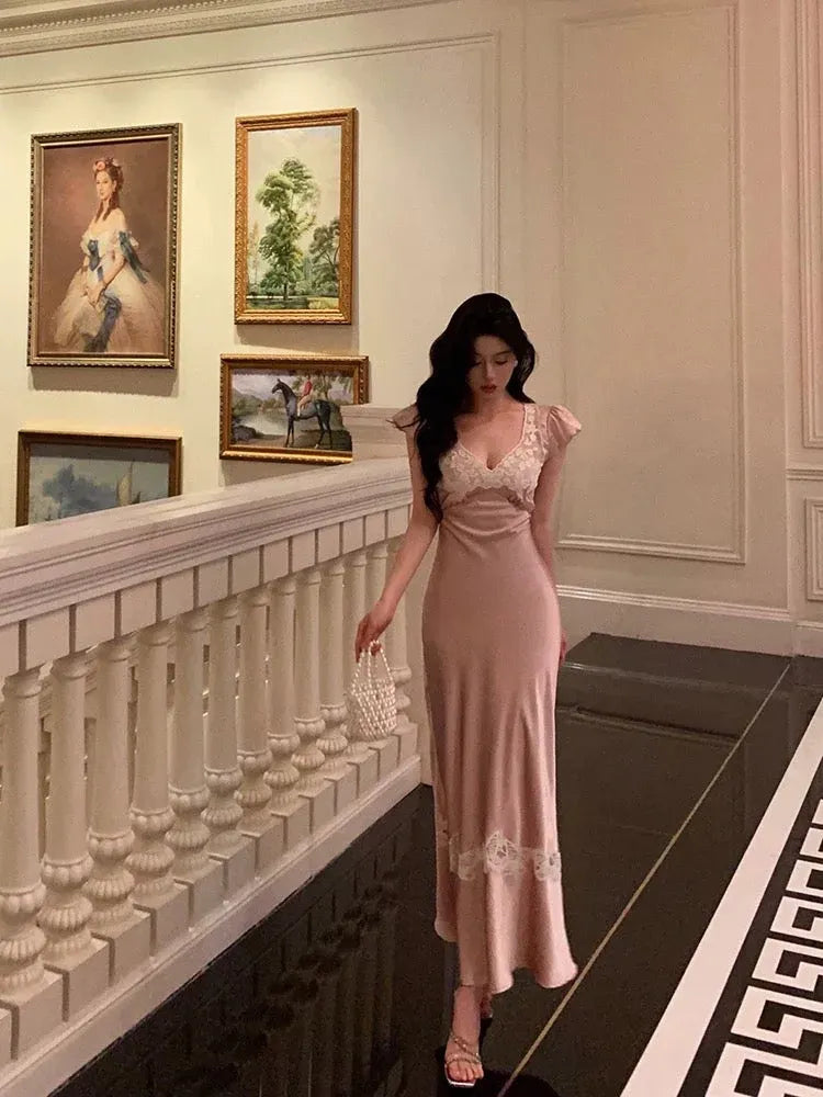 Romantic Sheath V-Neck Short-Sleeve Lace-Trimmed Blush Maxi Prom Dress for Women ready to ship