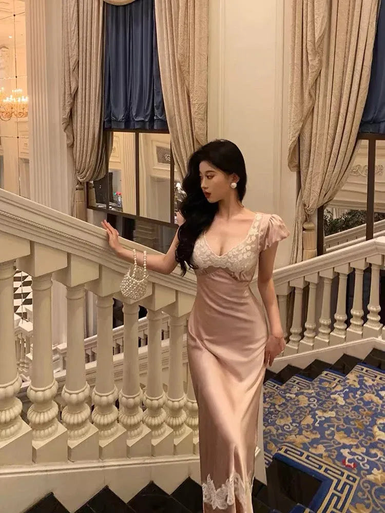 Romantic Sheath V-Neck Short-Sleeve Lace-Trimmed Blush Maxi Prom Dress for Women ready to ship