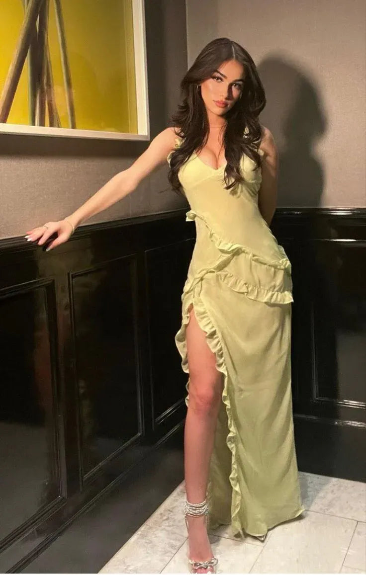 Romantic Sheath V-Neck Sleeveless Ruffled Lime Green Long Prom Dress for Women Ready to Ship