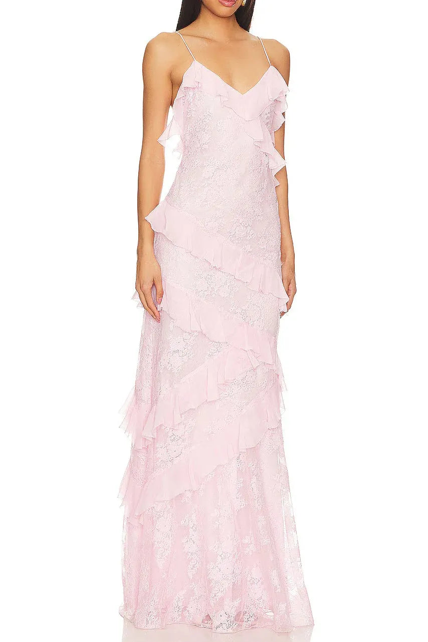 Romantic Sheath V-Neck Spaghetti Straps Ruffle Lace Pink Floor-Length Prom Dress