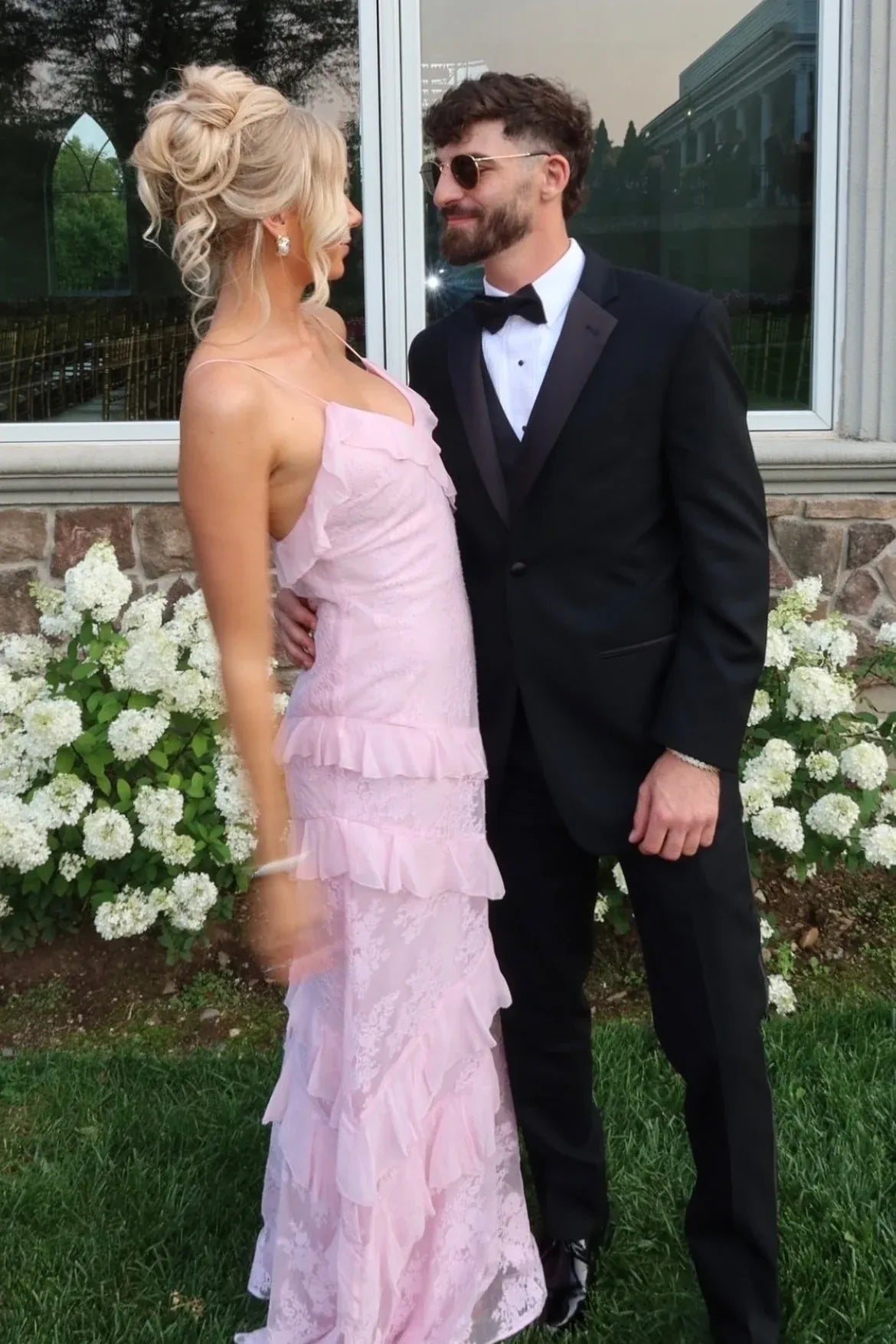 Romantic Sheath V-Neck Spaghetti Straps Ruffle Lace Pink Floor-Length Prom Dress