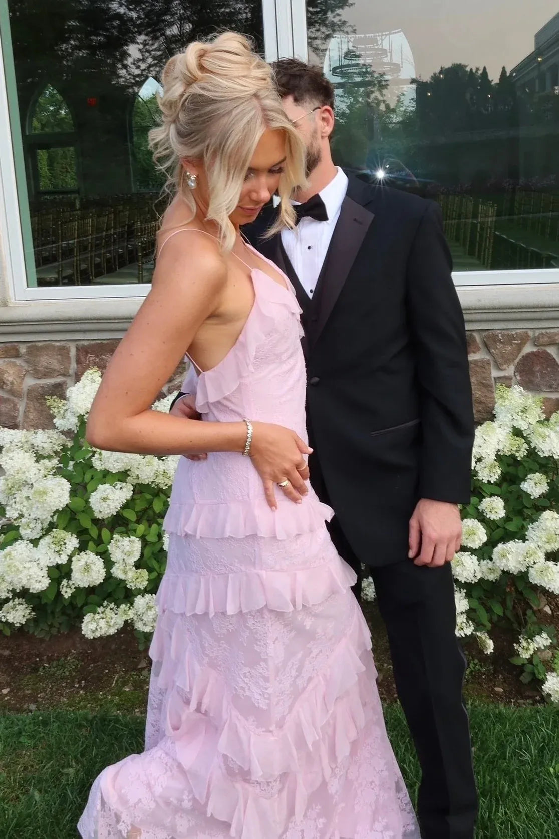 Romantic Sheath V-Neck Spaghetti Straps Ruffle Lace Pink Floor-Length Prom Dress