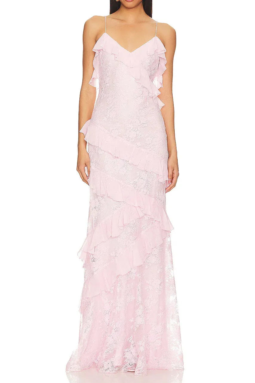 Romantic Sheath V-Neck Spaghetti Straps Ruffle Lace Pink Floor-Length Prom Dress