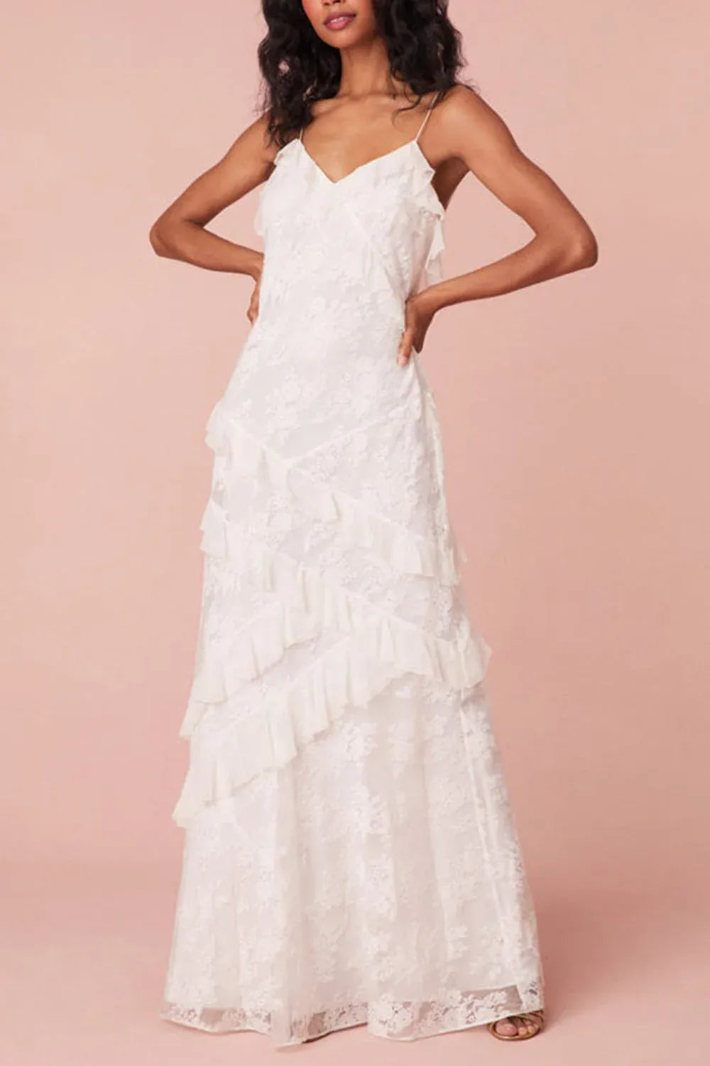 Romantic Sheath V-Neck Spaghetti Straps Ruffle Lace White Floor-Length Prom Dress