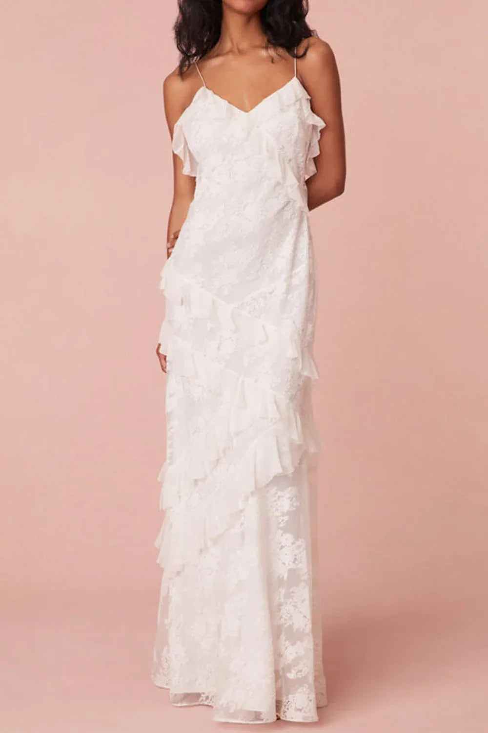 Romantic Sheath V-Neck Spaghetti Straps Ruffle Lace White Floor-Length Prom Dress