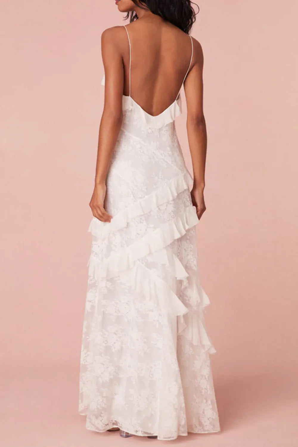 Romantic Sheath V-Neck Spaghetti Straps Ruffle Lace White Floor-Length Prom Dress
