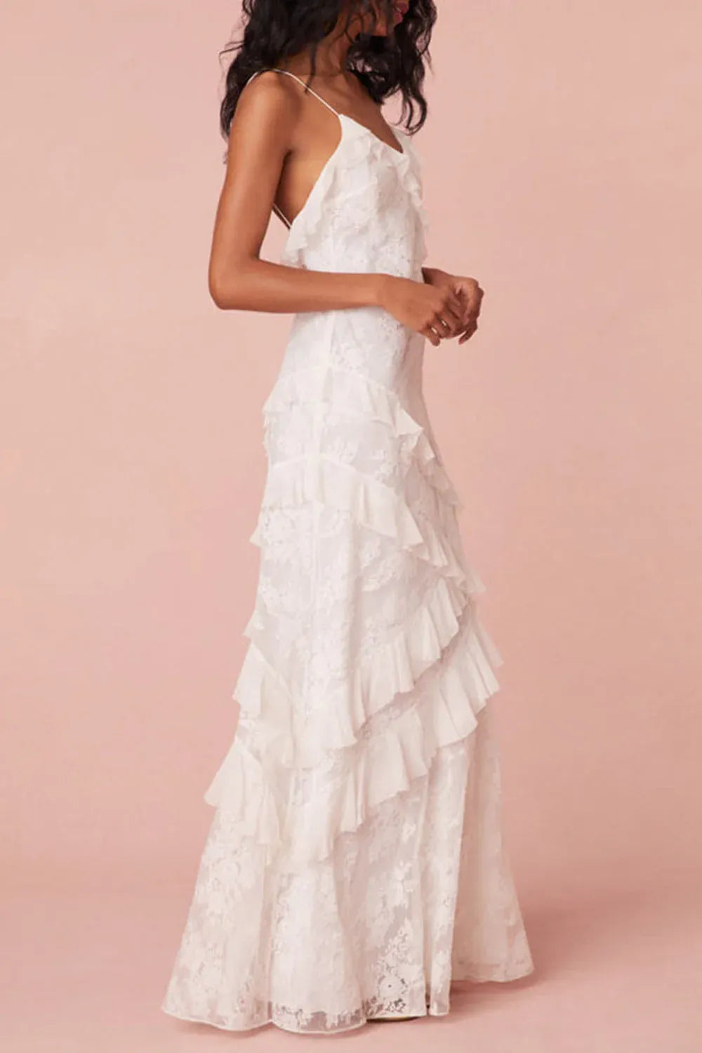 Romantic Sheath V-Neck Spaghetti Straps Ruffle Lace White Floor-Length Prom Dress
