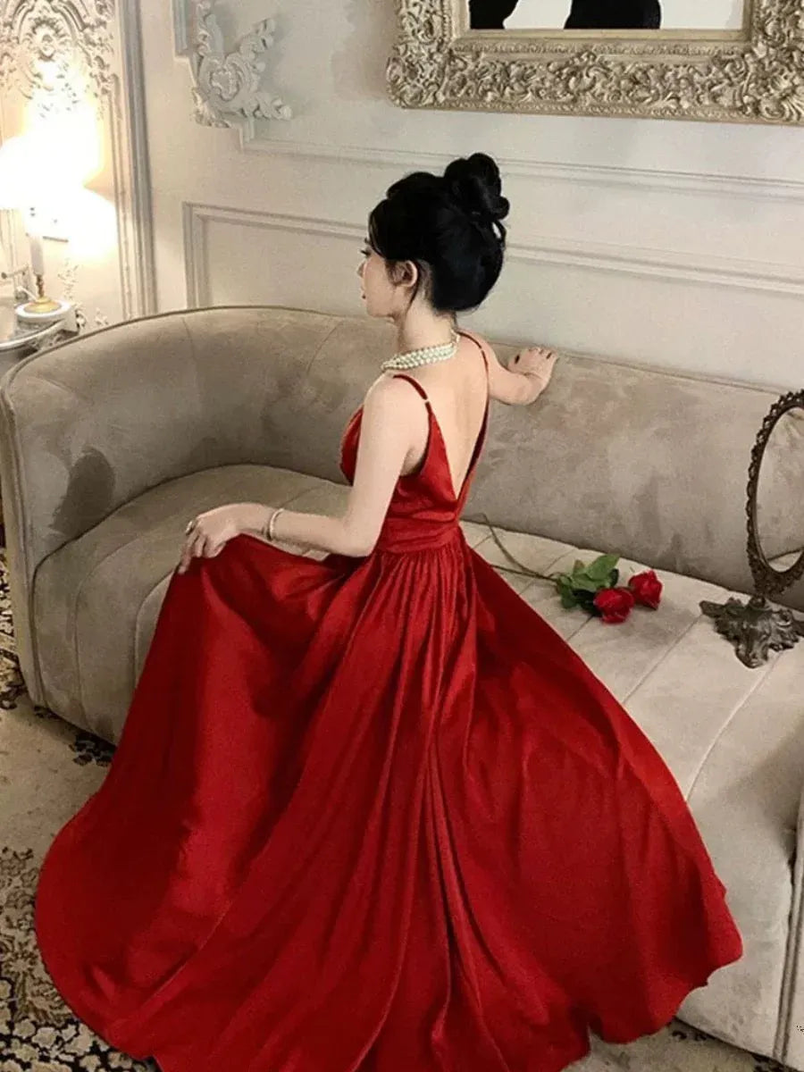 Romantic Simple A-Line Spaghetti Strap Satin Red Long Prom Dresses