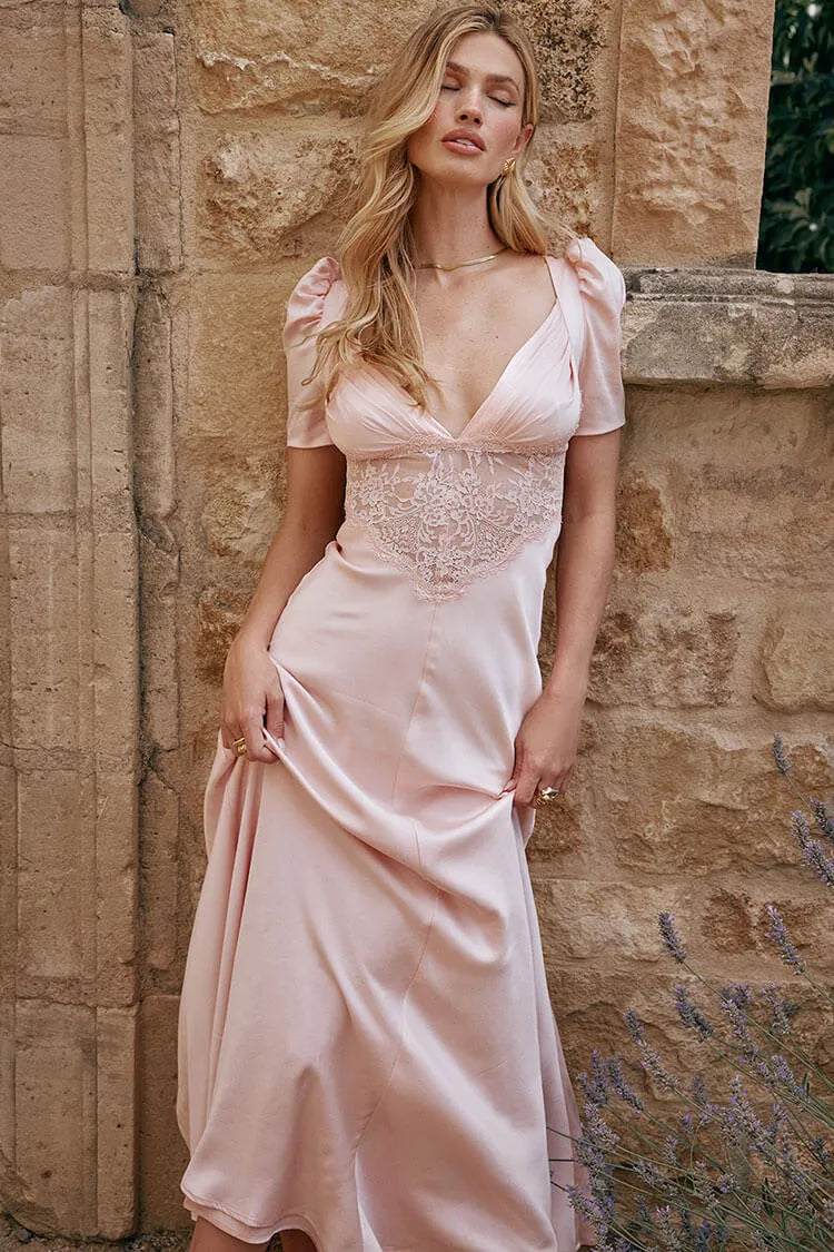 Romantic Slip Sweetheart-Neck Short-Sleeve Lace-Accented Blush Midi Prom Dress for Women ready to ship