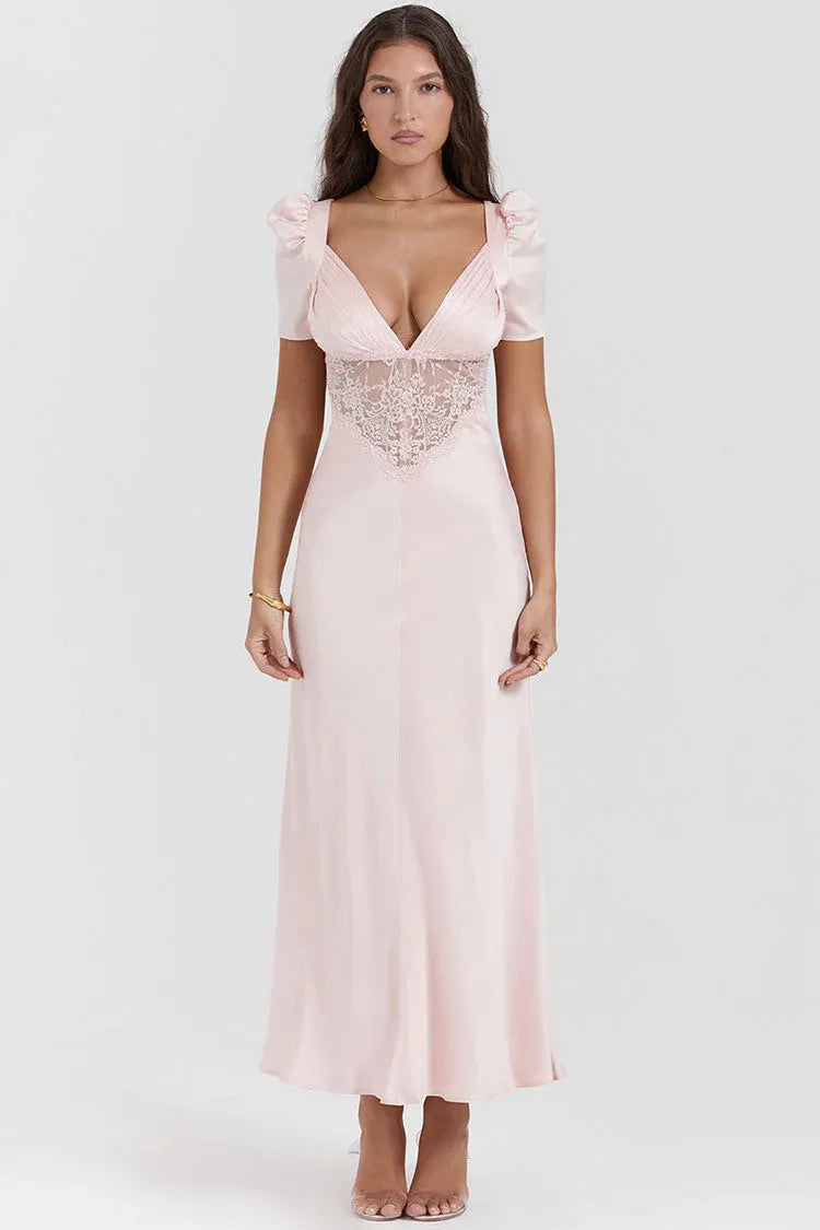 Romantic Slip Sweetheart-Neck Short-Sleeve Lace-Accented Blush Midi Prom Dress for Women ready to ship