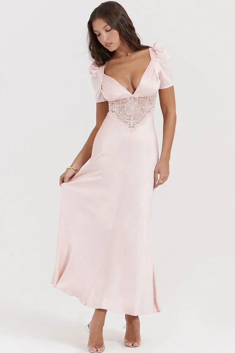 Romantic Slip Sweetheart-Neck Short-Sleeve Lace-Accented Blush Midi Prom Dress for Women ready to ship