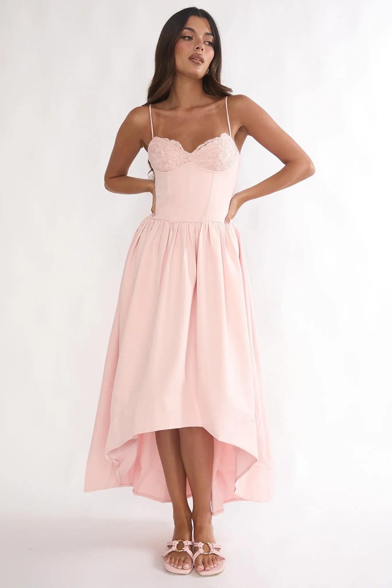 Romantic Sweetheart Spaghetti Strap Lace Pink High-Low Homecoming Dress